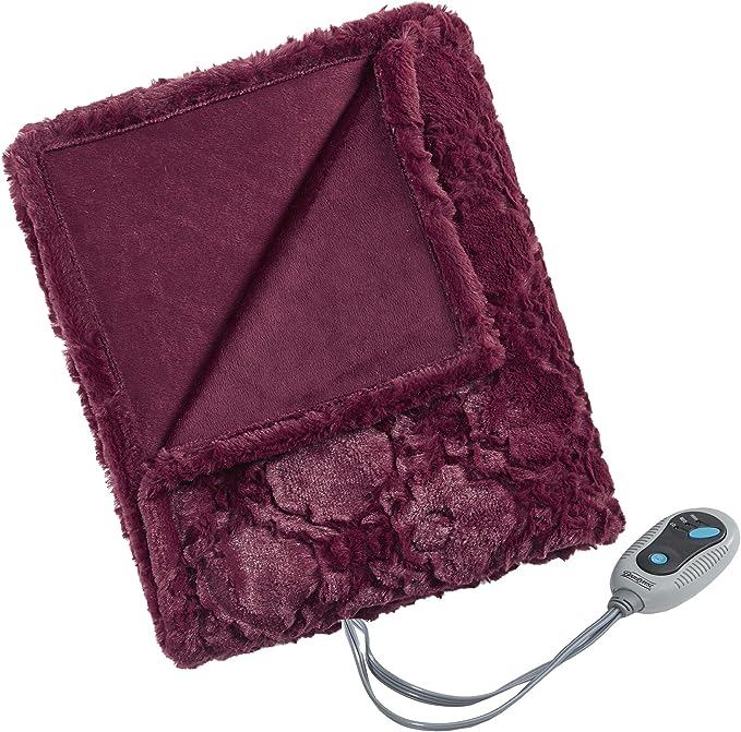 Beautyrest Brushed Long Fur Electric Throw Blanket Ogee Pattern Warm and Soft Heated Wrap with Auto Shutoff