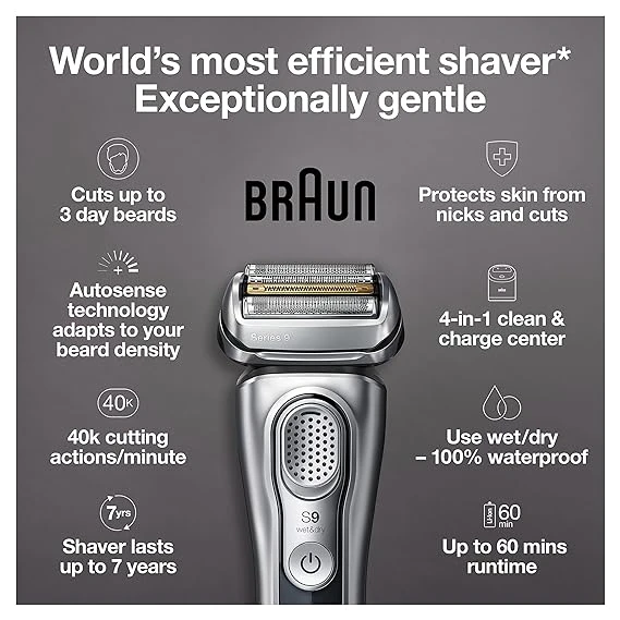 Braun Series 9 9370cc Rechargeable Wet & Dry Men's Electric Shaver with Clean & Charge Station