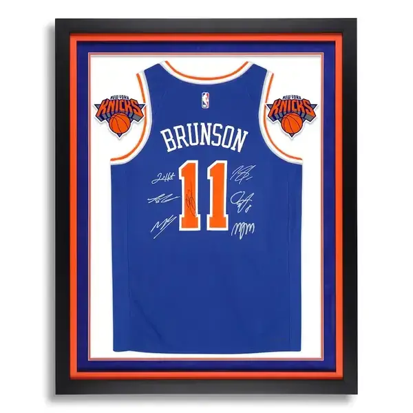 New York Knicks Autographed Fanatics Authentic 2026 NBA Finals Champions Deluxe Framed Blue Nike Jalen Brunson #11 Icon Edition Swingman Jersey with at least 7 Signatures – Limited Edition of 500